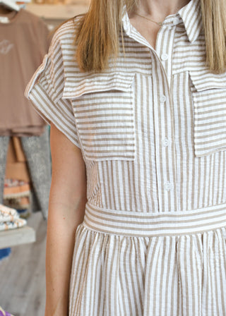 Collar Roll Stripe Mini Dress - Taupe