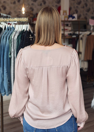 Textured Satin Button Top - Mocha