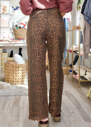 Floral Embroidered Hem Pants - Leopard