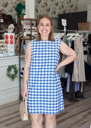 Gingham Button Mini Dress - Blue Anchora Bella Boutique Gingham Button Mini Dress - Blue Anchora Bella Boutique