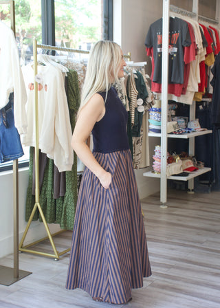 Mix Mock Stripe Midi Dress - Navy