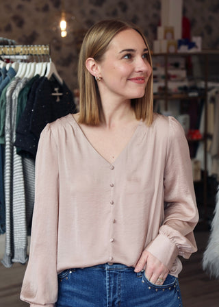 Textured Satin Button Top - Mocha