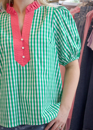 Gingham Puff Top - Green