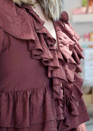 V-Neck Ruffle Crop Blouse - Brown