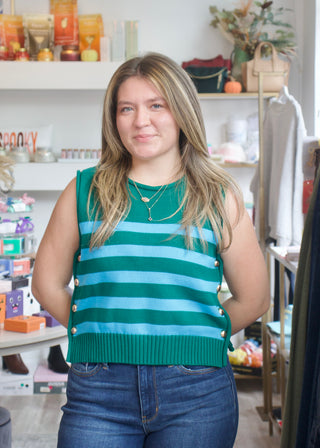 Stripe Gold Button Tank - Pine