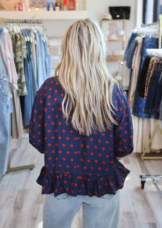 Polka Dot Ruffle Top - Navy