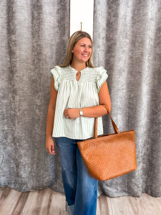 Striped Smocked Blouse - Sage
