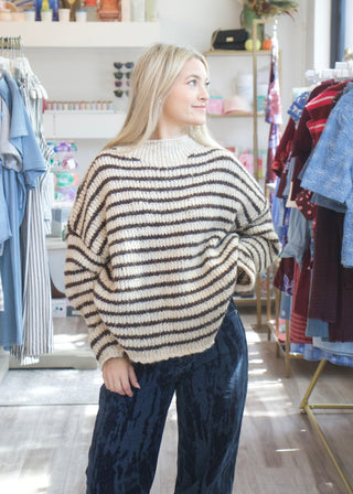 Stripe Rolled Knit Sweater - Natural