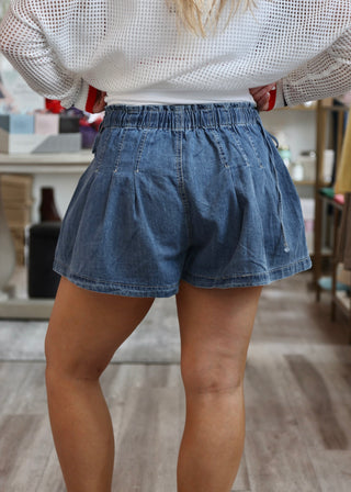 Pleated Denim Shorts