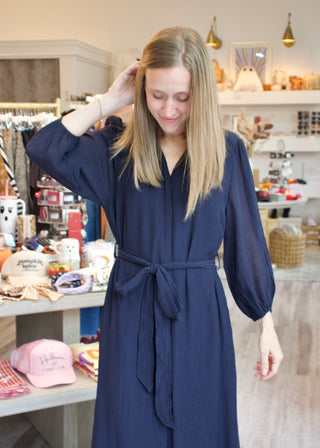 Button-Down Tie Midi Dress - Navy