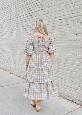 Crinkled Plaid Smocked Midi Dress - Beige