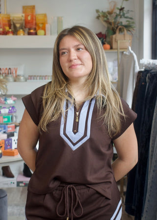 Cap Contrast Set Top - Brown