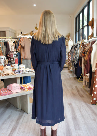Button-Down Tie Midi Dress - Navy