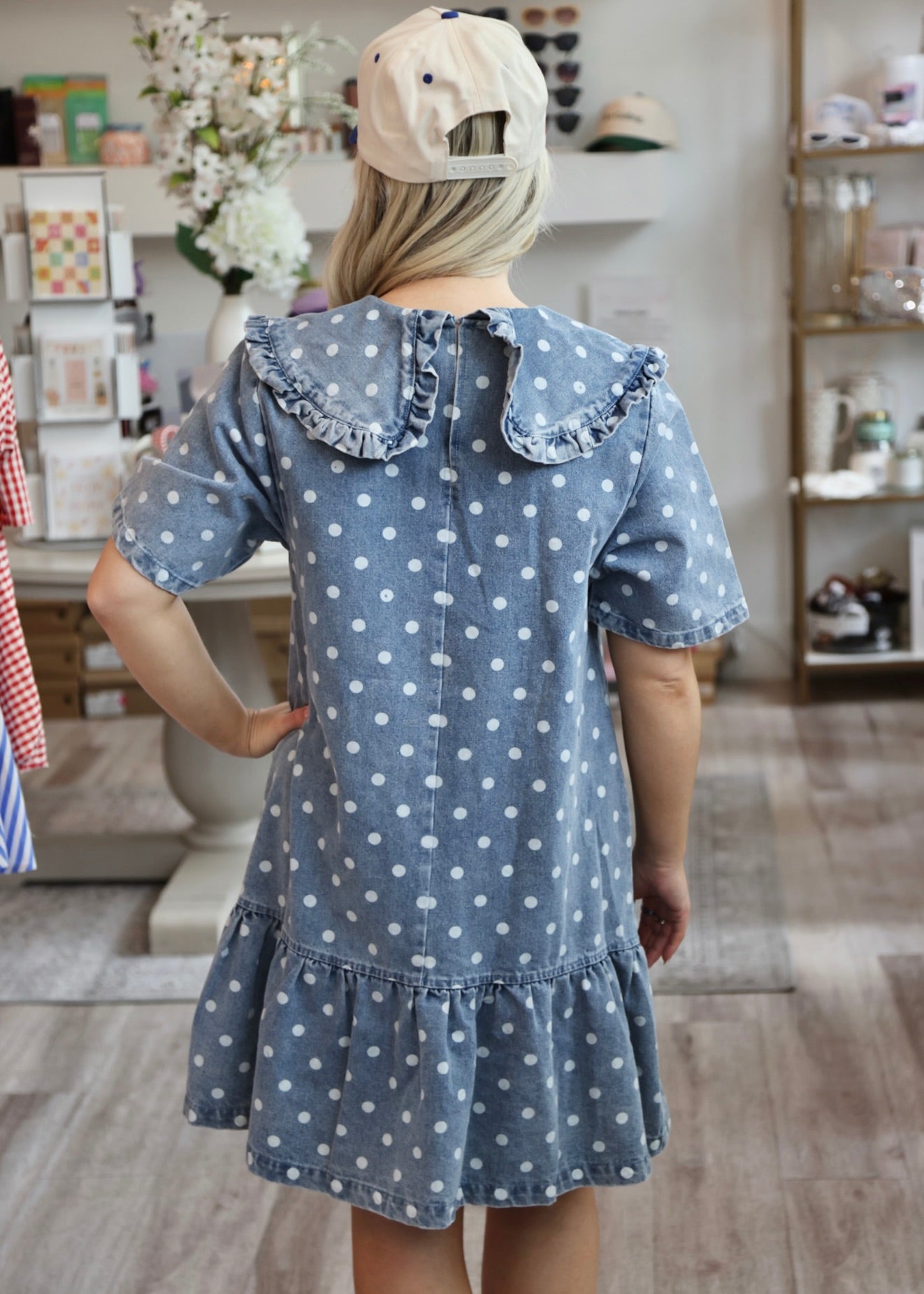 Polka Dot Denim Mini Dress XS