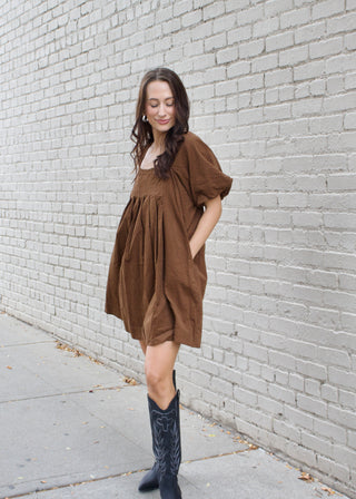 Dot Pleated Mini Dress - Camel/Black