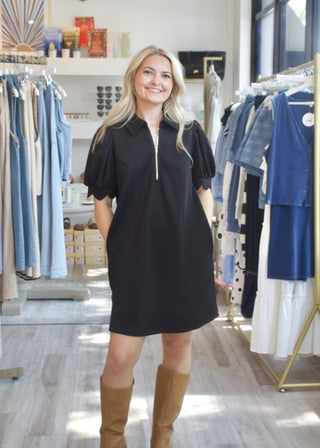 Puff Zip Mini Dress - Black