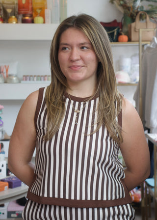 Stripe Contrast Set Top - Brown