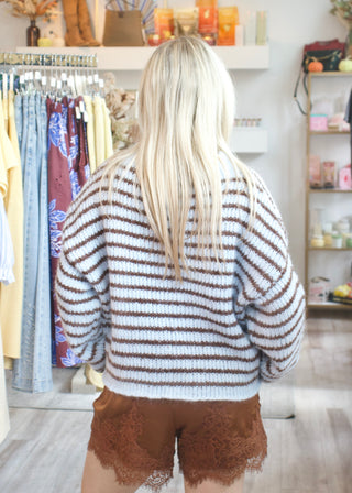 Stripe Rolled Knit Sweater - Light Blue