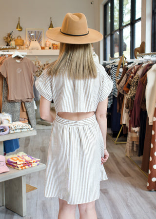 Collar Roll Stripe Mini Dress - Taupe