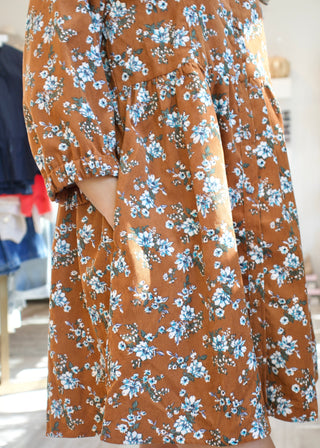 Floral Corduroy Button Babydoll Dress - Brown