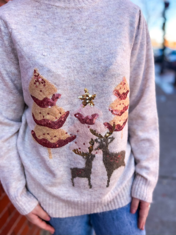 Tree Reindeer Sequin Sweater - Oat