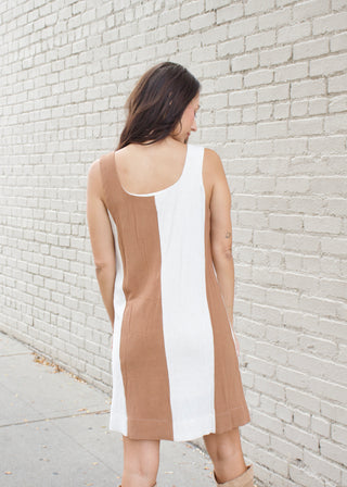 Wide Stripe Linen Mini Dress - Brown