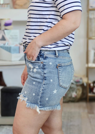 Judy Blue HW Star Print Cut Off Destroy Shorts