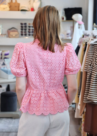Eyelet Emb Puff Top - Pink
