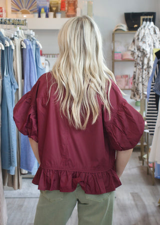 Puff Ruffle Top - Merlot