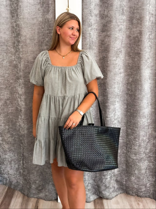 Striped Puff Mini Dress - Olive