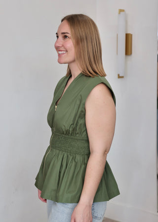 Sleeveless Top Wide Smocked Waist - Olive