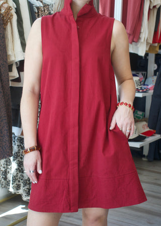 Basic Button Mini Dress - Crimson