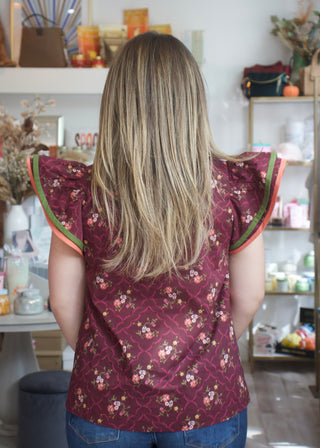 Floral Ruffle Cap Top - Plum