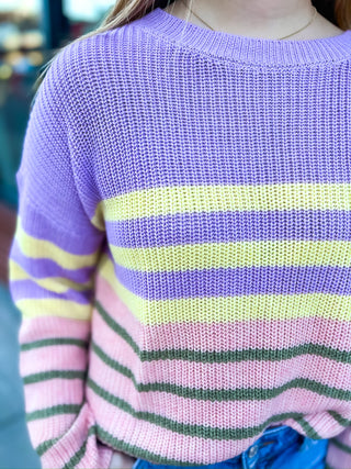 Colorblock Stripe Knit Sweater - Lavender