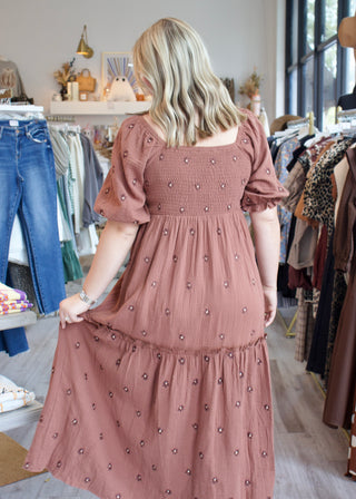 Floral Embroidered Tier Maxi Dress - Chocolate