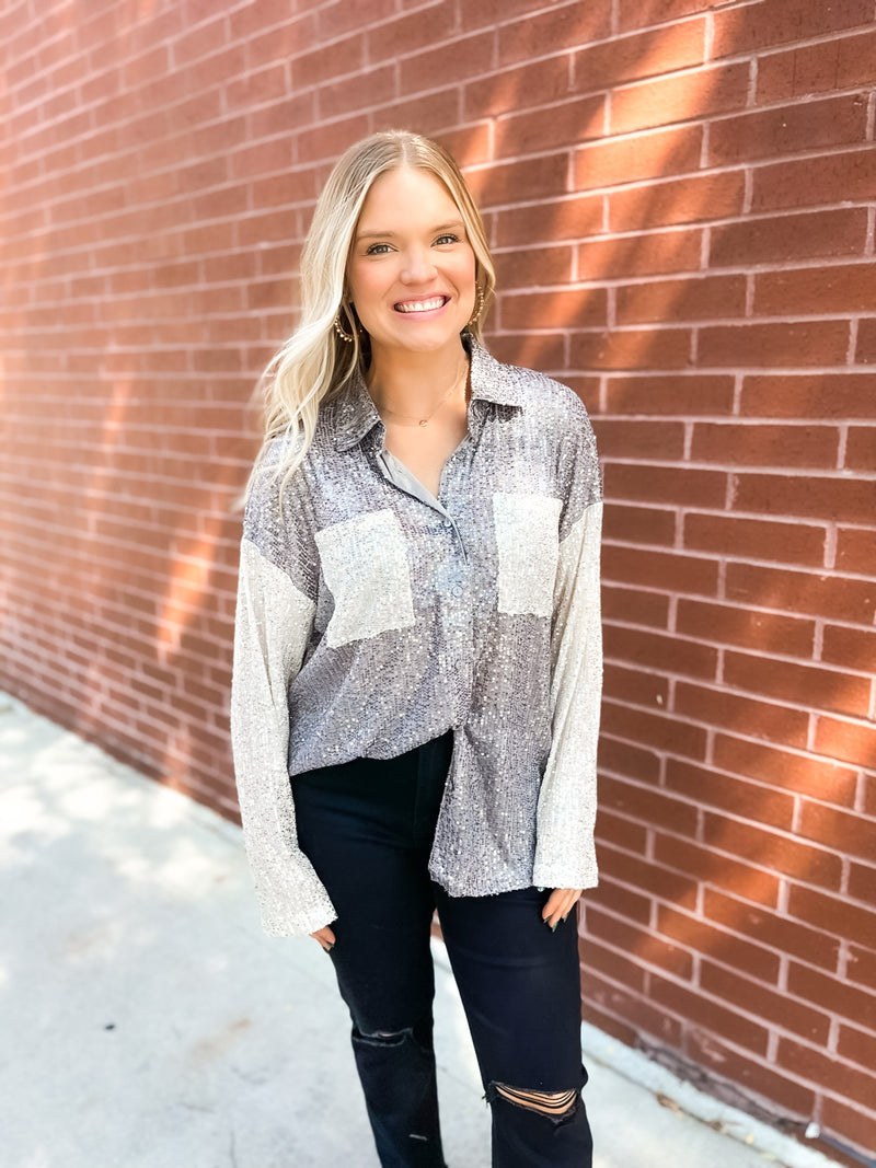 Sequin Button Up - Charcoal