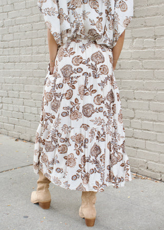 Floral Tiered Midi Skirt - Brown