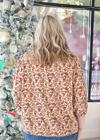 Vintage Floral Pintuck Blouse - Red