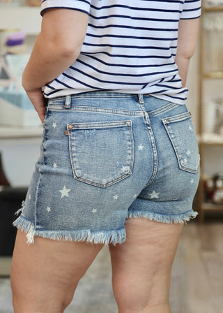 Judy Blue HW Star Print Cut Off Destroy Shorts