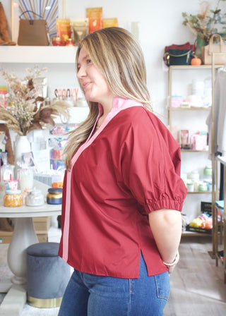 Puff Contrast Collar Top - Burg