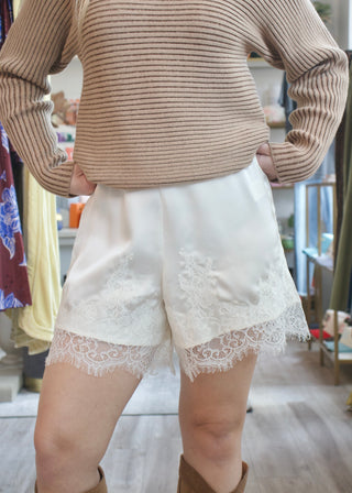 Lace Trim Satin Shorts - Champagne