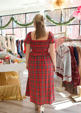 Plaid Velvet Midi Dress - Red