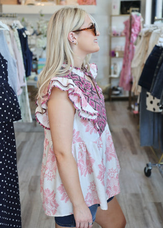 Boho Mixed Ikat Ruffle Top - Blush