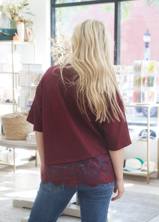 Scallop Lace Knit Top - Burgundy