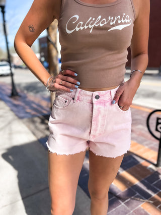 Cotton Distressed Denim Shorts - Pink