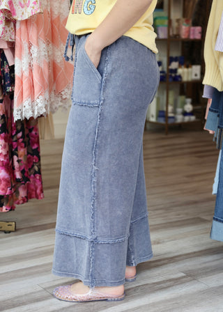 Mineral Washed Terry Palazzo Pants - Midnight Blue