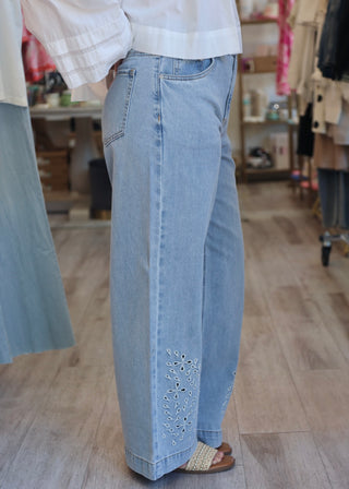 Bykielo Embroidered Jeans - Light Blue Denim