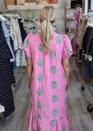 Botanical Emb Midi Dress - Pink
