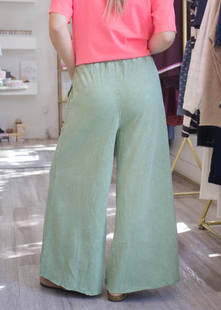 Washed Terry Knit Wide Pants - Juniper Green