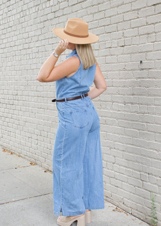 Collared Wide Leg Denim Jumpsuit